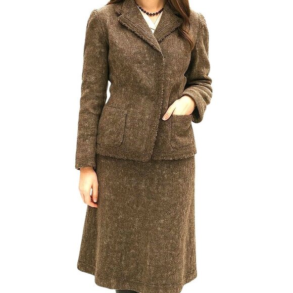 Valentino Skirt Suit Set Sz 12 Wool Angora Blend Brown Tweed Italy Authenticate - Picture 1 of 16